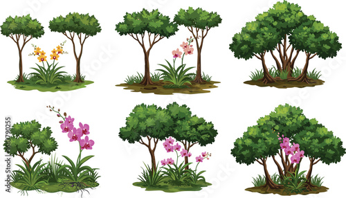 Beautiful tropical garden landscape illustration with green trees, lush plants, and blooming orchids, perfect for decorative, botanical, and nature designs.