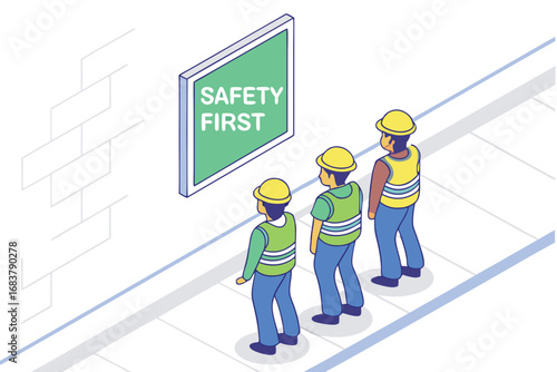 Construction workers review safety first signage on site ensuring workplace safety procedures