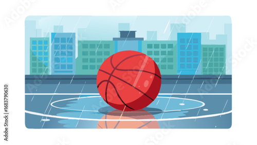 Basketball in the rain vector illustration of outdoor basketball court with cityscape background