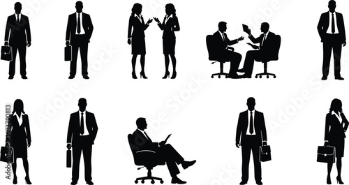 Business professional silhouettes in formal attire showing workplace interactions, meetings, communication, and office poses in black vector style