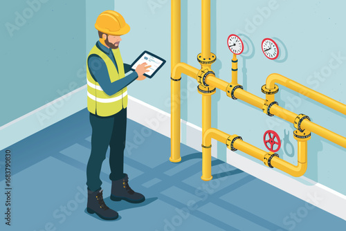 Worker inspecting yellow gas pipes with tablet in industrial setting