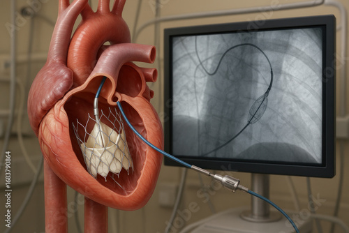 Heart valve replacement illustration, minimally invasive transcatheter aortic valve implantation (TAVI) procedure [Illustration]