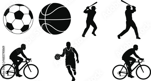 Black sports silhouette vector set featuring soccer ball, basketball, baseball players, cyclists, and dribbling athlete icons for athletic design themes