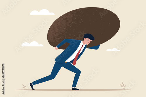 Businessman carrying large heavy burden concept representing overwhelming responsibility and pressure