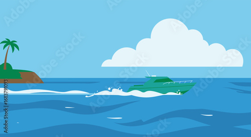 A turquoise boat sailing on the blue sea with an island and palm trees in the background, representing travel, vacation, and tropical scenery