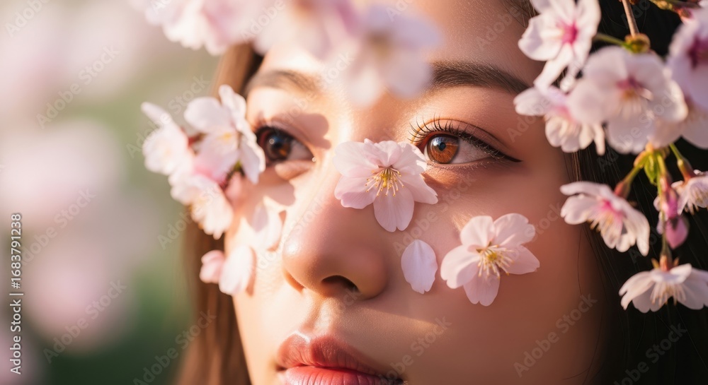 Fototapeta premium A woman s face adorned with delicate pink cherry blossoms in soft sunlight
