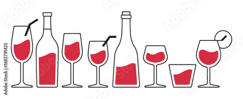 Collection of red alcoholic drinks and bottles in various glasses
