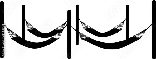 Four hammocks suspended between trees and posts in a simple silhouette style
