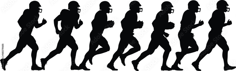 Obraz premium Football player running motion silhouette sequence in black vector style, showing dynamic athletic movement, gear, helmet, and sports action