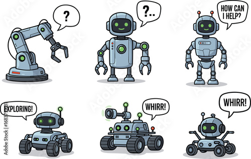 Cartoon Robot Vector Set – Cute AI Machines, Futuristic Droids, Tech Helpers, Explorers, Humanoid Bots with Speech Bubbles and Functions