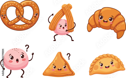 Cute bakery cartoon illustration vector set with pretzel, churros, croissant, macaroon, samosa, and empanada, perfect for food, dessert, and snack designs.