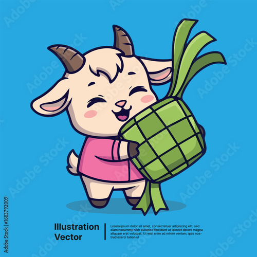 Cute cartoon goat holding a ketupat, celebrating Eid al-Adha with joy and festive spirit