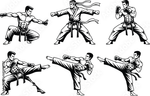Martial arts fighter silhouettes in black vector style showing stances, kicks, punches, and discipline across six dynamic action poses