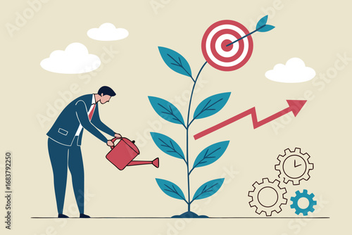 Businessman watering plant with target and rising arrow symbolizing business growth and success