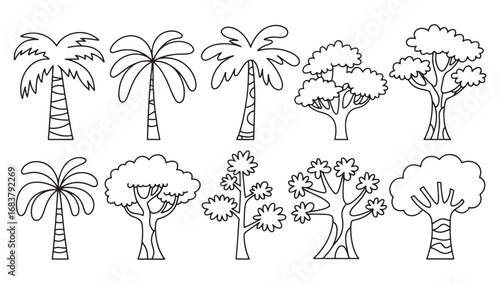 Collection of hand drawn tropical palm trees and leafy trees in black and white outline