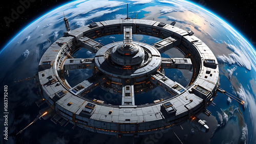 Fototapeta Naklejka Na Ścianę i Meble -  Massive circular space station orbiting earth, showcasing advanced space exploration and futuristic architecture