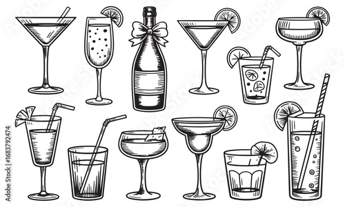Collection of hand drawn cocktails and drinks in various glassware