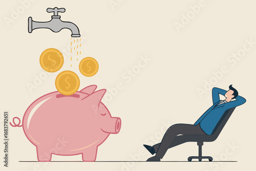 Relaxed person watching coins flow into piggy bank from faucet investment growth concept