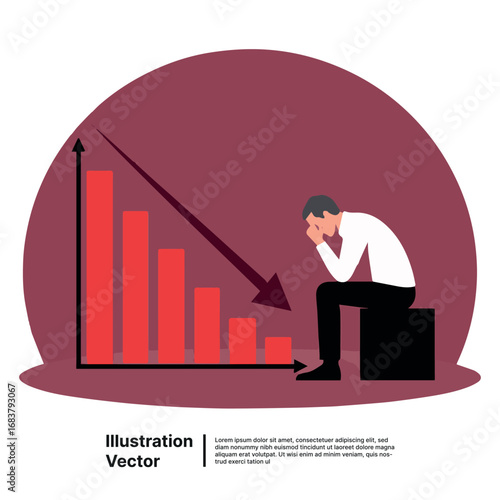 Desperate businessman sitting by a declining graph illustrating financial crisis and market failure