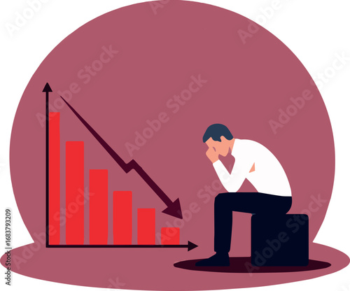 Stressed businessman facing a financial crisis with a declining graph showing losses