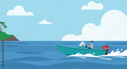 A turquoise boat sailing on the blue sea with an island and palm trees in the background, representing travel, vacation, and tropical scenery