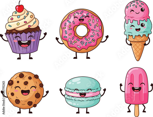 Cute dessert cartoon vector illustration featuring cupcake, donut, ice cream, cookie, macaron, and popsicle characters with happy smiling faces