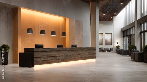 Wallpaper Mural Modern hotel lobby with a stylish wooden reception desk warm backlighting and a spacious contemporary design Torontodigital.ca