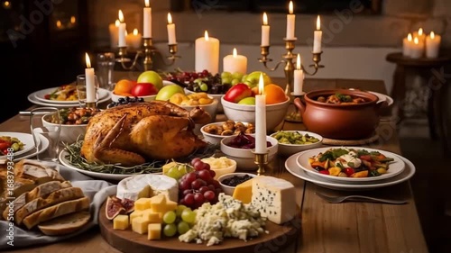 Feast thanksgiving dinner table setting with turkey candles and various side dishes ready to serve video 4k Video 4k