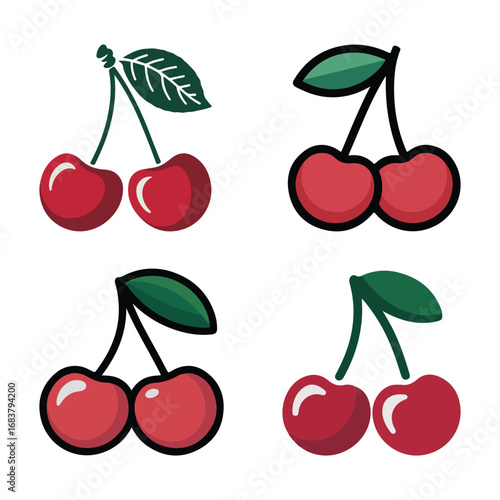 Minimal Cherry Icon Set – Flat Vector Red Fruit Illustrations