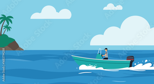 A turquoise boat sailing on the blue sea with an island and palm trees in the background, representing travel, vacation, and tropical scenery