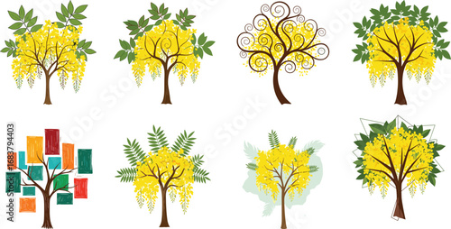 Golden shower tree vector illustration with bright yellow cascading flowers, detailed leaves, and creative artistic design for nature and decoration projects.