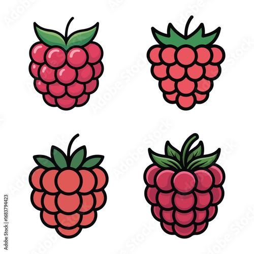 Minimal Raspberry Icon Set – Flat Vector Red Berry Illustrations
