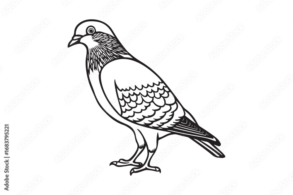 Fototapeta premium Detailed line drawing of a pigeon standing on its feet