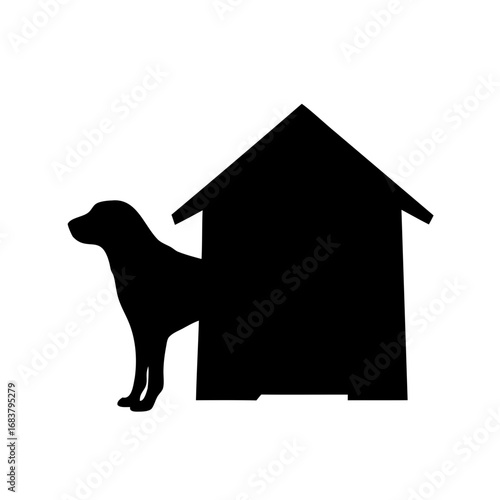 Silhouette of a dog emerging from or entering its doghouse in the black