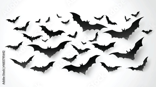 Spooky Halloween Silhouette Bats Flying Against White Background for Creepy Decorations and Party Invitations