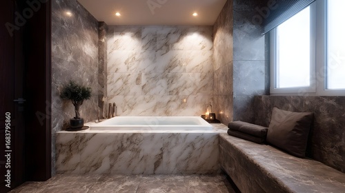 An elegant and modern bathroom interior featuring a luxurious marble bathtub warm overhead lighting and serene spa like decor perfect for relaxation