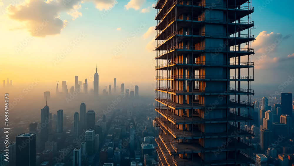 Obraz premium A modern skyscraper under construction rises above a hazy city skyline at sunset with warm golden light