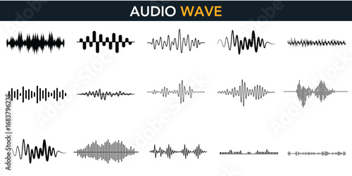 Digital music waveform collection: a diverse set of audio equalizer elements, perfect for apps, websites, and video editing.

