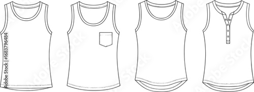 Set of sleeveless tank tops with front pocket, button placket, round necklines, technical flat sketch, CAD fashion design vector