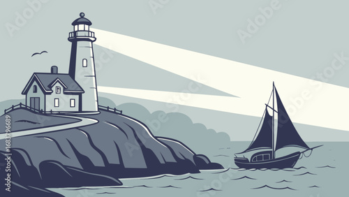 Coastal landscape with lighthouse and sailboat vector illustration for nautical theme design