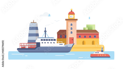 Coastal city harbor scene with cargo ship lighthouse and buildings vector illustration background design