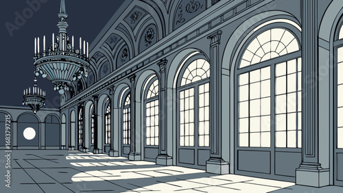 Illustration of grand ballroom with chandeliers and large windows for event space design ideas