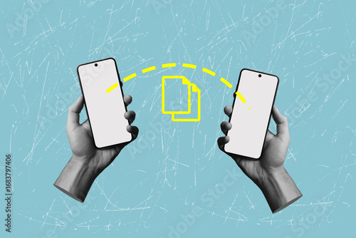 Contemporary art collage on the topic of modern ways of transmitting information. The concept of data exchange