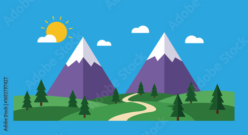 A scenic landscape with mountains, trees, and a path under the sun and clouds, representing nature, travel, and outdoor adventure