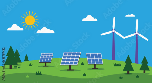 Illustration of renewable energy sources, featuring solar panels, wind turbines, a bright sun, fluffy clouds, and lush green trees, promoting sustainability