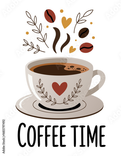 A minimalist illustration of a coffee cup and saucer
design with a "COFFEE TIME" text at the bottom