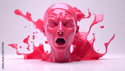 Abstract Art Featuring a Surreal Pink Human Face Sculpture with Splashing Paint-Like Liquid Effect in Minimalistic Style