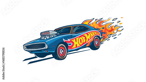 Stylized depiction of a Hot Wheels muscle car engulfed in vibrant flames and bold colors illustration