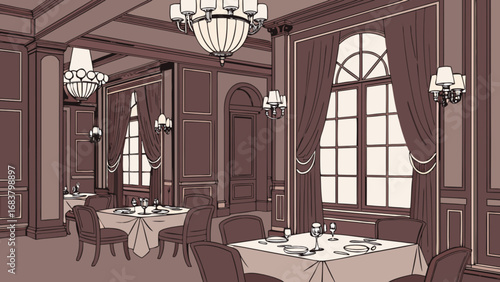 Elegant restaurant interior illustration with dining tables chandeliers and window view design