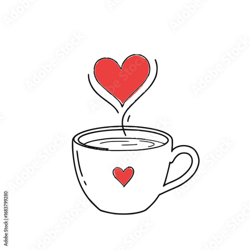 Cute coffee cup with heart steam and a heart symbol, love-themed illustration on white background